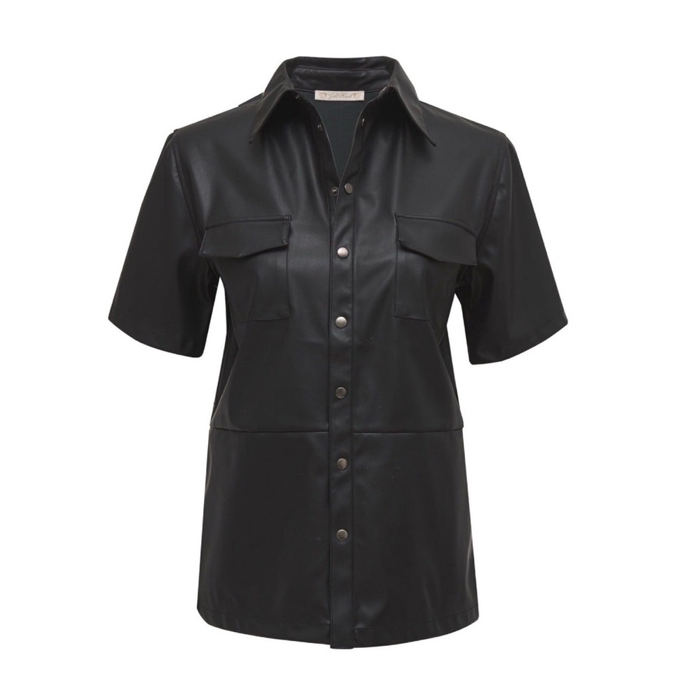 Gold Hawk Faux Leather Black Short-Sleeve Button-Front Shirt